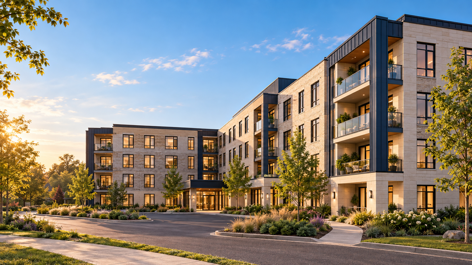 Architectural concept of an L-shaped condominium building