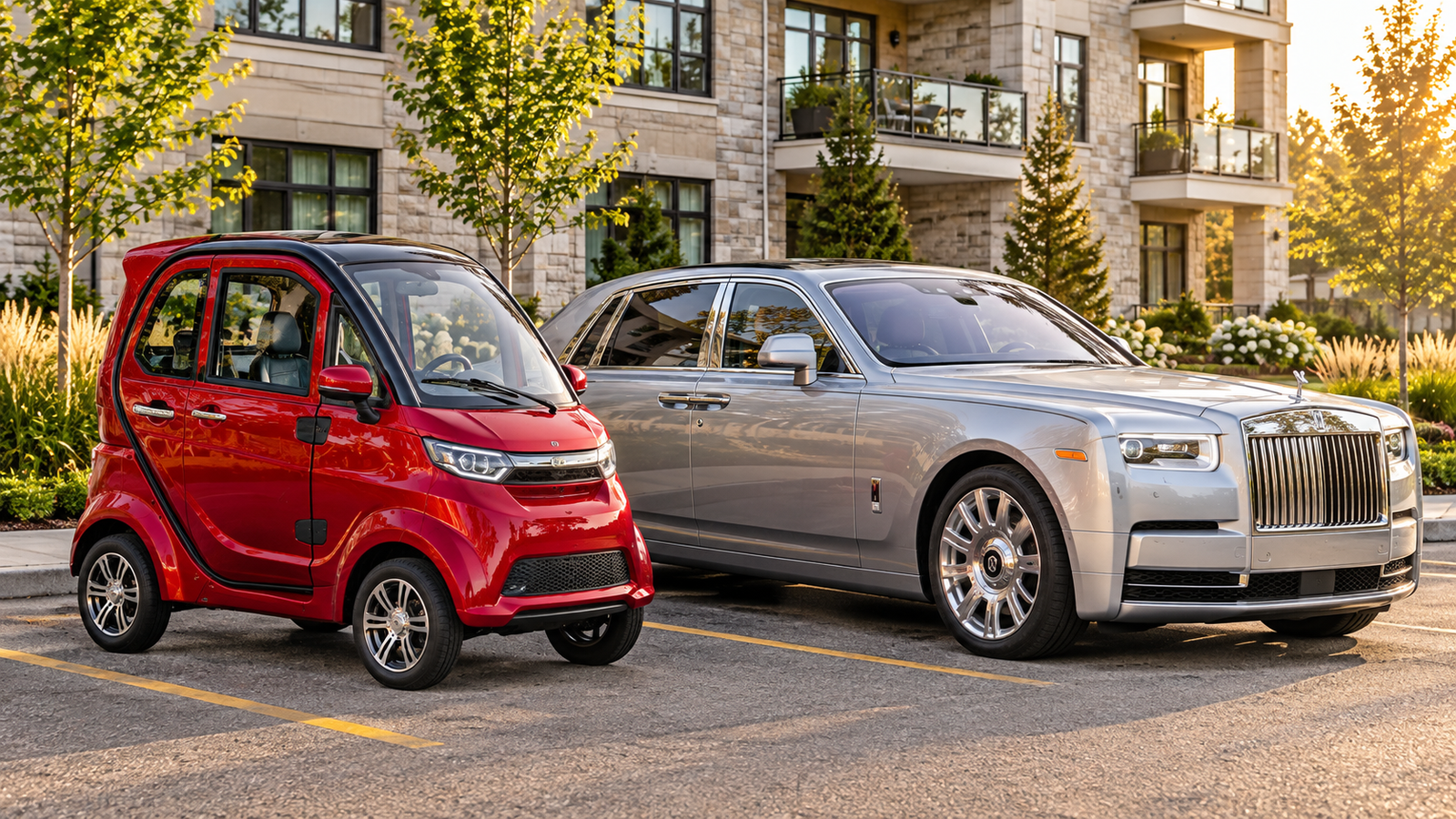 Concept showing the supplied red micro EV beside a large luxury sedan